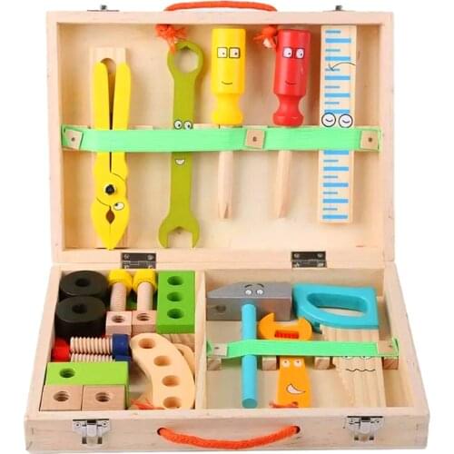Wooden Repair Box Building Tool Kit Pretend Play Toy Set for Children
