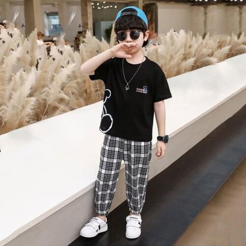 Kids boys cotton suit short-sleeved T-shirt printing cartoon plaid pants 2pcs summer suit new big virgin suit