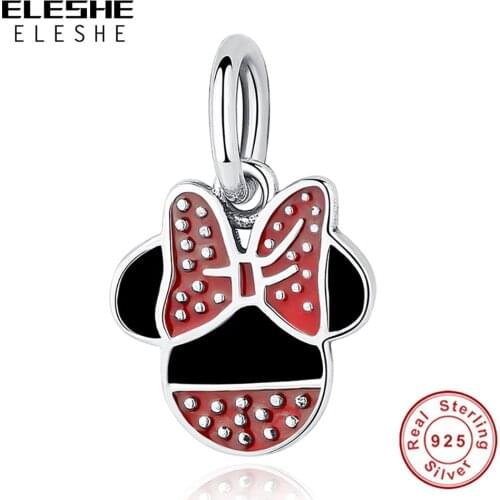 Children Gift 925 Sterling Silver Cute Red Enamel Mickey Minnie Charms beads Fit Bracelet & Bangle Jewelry Making