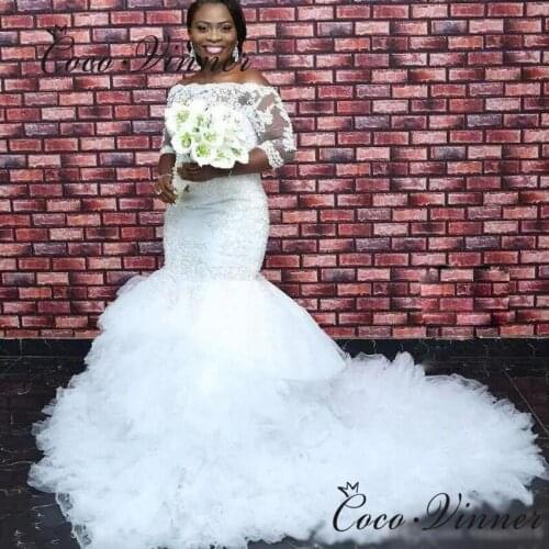 Half Sleeve Off Shoulder Elegant Mermaid Wedding Dress Pure white Color Plus Size Lace Appliques Beaded Wedding Gown W0744