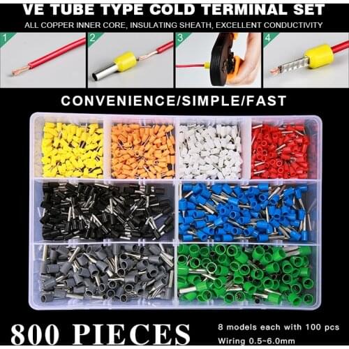 800pcs Terminal Boxed Kit Used for 0.5-6mm2 Wire Cable Copper Tube Needle Type Insulated Ferrules Cold Pressing Connector Sets