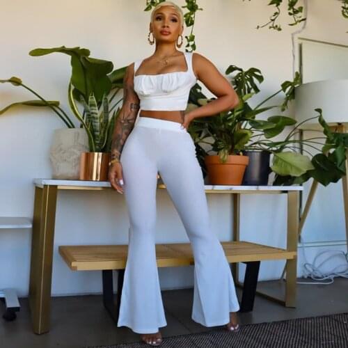 Two Piece Set Square Collar Draped Crop Top Bandage Flare Bottom Loungewear Suits Summer