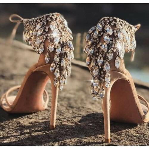Summer Bling Bling Rhinestone Cover Heel Sandals Women Gladiator Satin Suede Strappy High Heel Shoes Woman Lace Up Bridal Pump