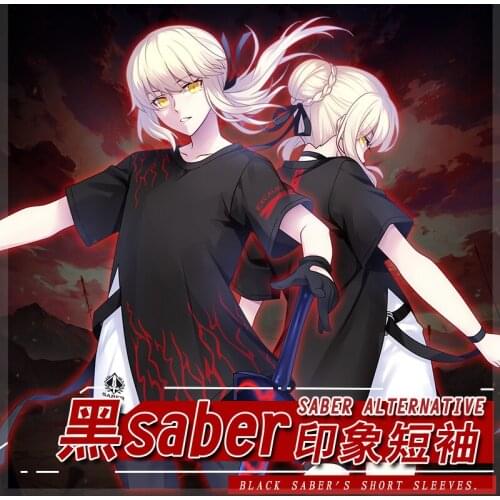 Fate Japanese Anime Summer Cotton T-Shirt Loose T Shirt Clothes Men Women Casual Short Sleeve Tshirt Tops Saber Alter Black