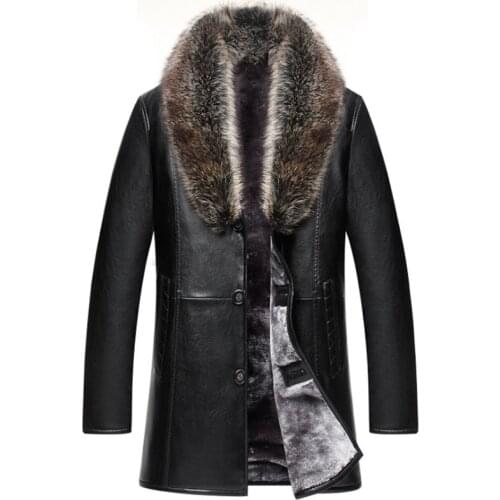 Novel New Brand Real Fur Collar Leather Jacket Men Russian Winter Single Breasted Windbreaker Jacket Male Thicken Leather Jacket