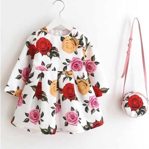Autumn Kids Dresses for Girls Long Sleeve Floral Print Girl Dresses + Bag Baby Girl Clothes Children Clothing Christmas Dress