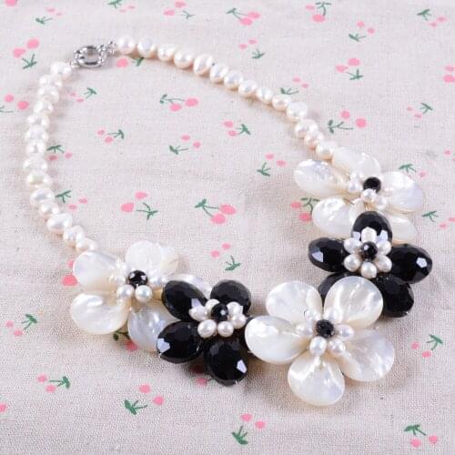 2018 NEW Mother of pearl MOP Faceted black agates flower necklace 20"