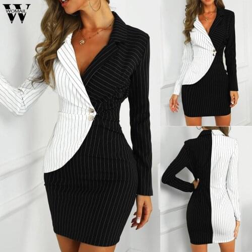 Womail Elegant Dress Women Vintage Striped Turn Down Neck Long Sleeve Dresses Buttons Workwear Casual Evening mini Dress 827