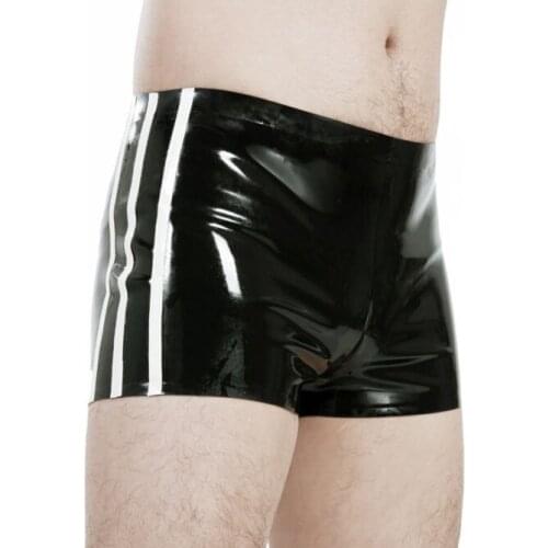 Cool no zipper underwear mens black latex shorts with 3white stripes decorations