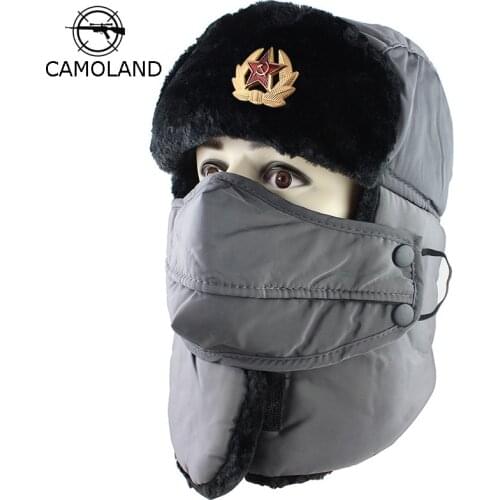 Soviet Army Military Badge Russia Ushanka Bomber Hats Pilot Trapper trooper Hat Winter Faux Rabbit Fur Earflap Men Snow Caps