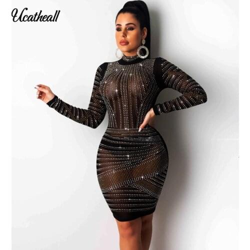 Sparkly Hot Drilling Sheer Mesh Sexy Night Club Mini Dress Mock Neck Long Sleeve Bodycon Party Dresses Women Fashion Outfits