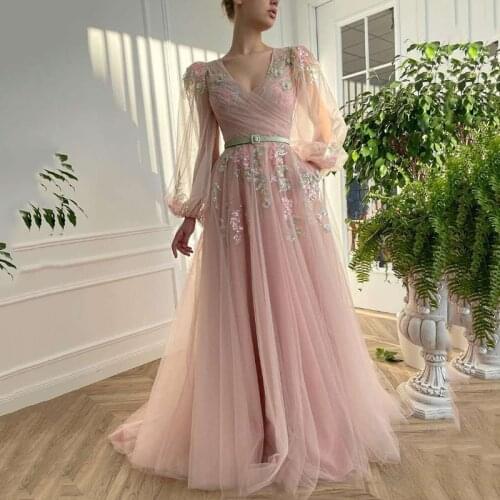 Blush Pink Formal Evening Dresses 2021 V Neck Colorful Flowers Butterfly Sequin Puff Long Sleeves Prom Special Occasion Gowns