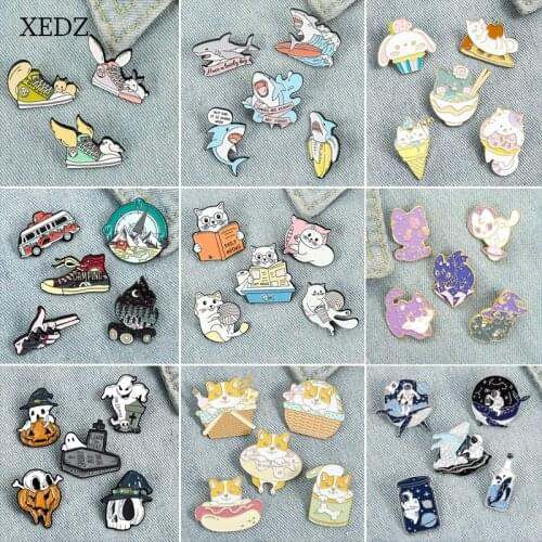 XEDZ Cartoon Animal Shark Ice-cream Enamel Brooch Fashion Puppy Cat Ghost bBdge Jewelry Gift Friends