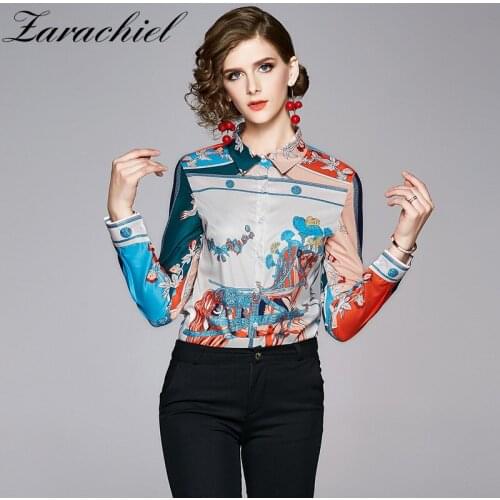 2021 Fashion OL Style Office Ladies Carriage Chain Flower Print Blouses Spring Autumn Long Sleeve Chiffon Blouse Women Shirt Top