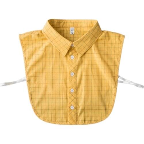 Preppy Style Women Girls Lemon Yellow Lapel False Collar Vintage Plaid Printed Button Down Half Shirt Detachable Dickey N2UE