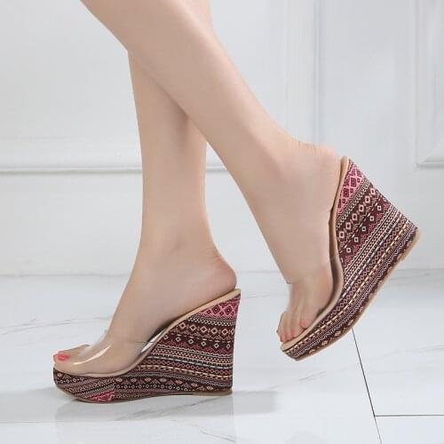 Summer 2021 New Ethnic Wind Wedges High Heel Womens Shoes Transparent Colorful Sandals Flatform Slip On Sandals
