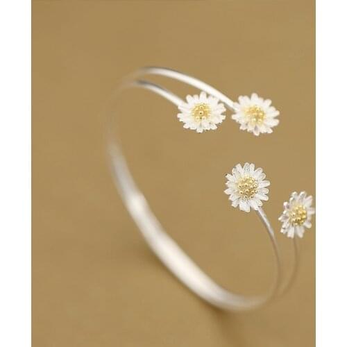 OBEAR Silver Plated Daisy Flower Bangles Open Cuff Bangles & Bracelets Women Wrist Charm Accessories Statement Jewelry
