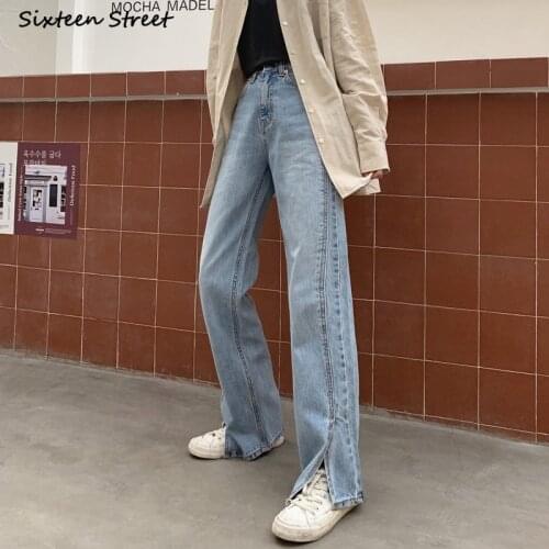 Vintage Straight Jeans for Women Denim High Waisted Blue Split Jeans Female Korean Fashion Summer Autumn Boyfriend Pants Woman