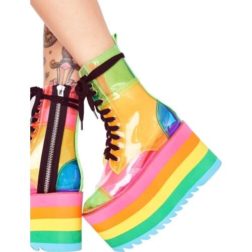 Women Rainbow color Platform Sole Ankle Boots Woman Transparent Colorful PVC Lace Up Short Boots