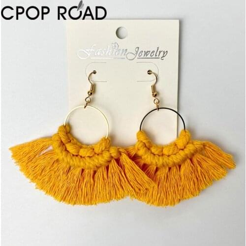 Color Bohemian Tassel Earrings for Women Geometirc Ethnic Handmade Cotton Fringed Macrame Earrings Bridesmaid Wedding Jewelry