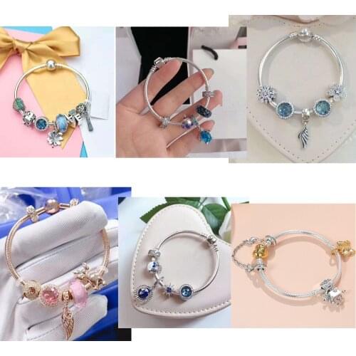 Original 925 Sterling Silver Blue Bright Star Snake Chain Basic Pan Bracelet Bangle Fit Women Bead Charm Diy Jewelry