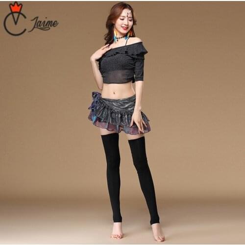 Women Belly Dance practice Clothing Training Costume Accessories Mesh Outfit Set 3 Pieces (Top+ruffle Hip Scarf+Long socks)