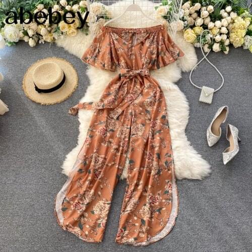 Vintage floral print sexy off shoulder Summer Full Length Jumpsuit Women High Waist bandage Playsuit beach holiday split Romper