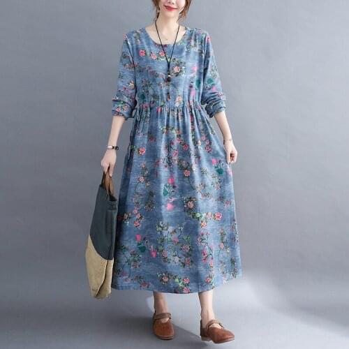 2021 New Arrival Print Floral Prairie Chic Vintage Autumn Dress Draw String Office Lady Work Dress Women Spring Casual Dress