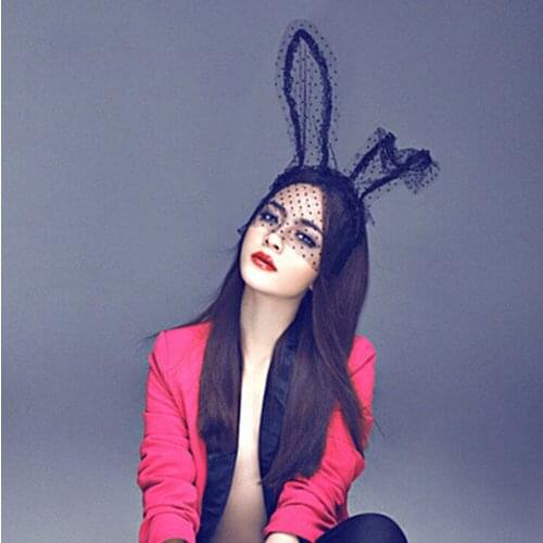 1pc Sexy Lace Bunny Cat Ear Bob Veil Mask black Dot Headband Headwrap Party cosplay Costume Charming Hair Accessories