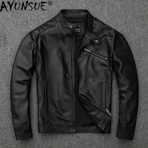 AYUNSUE Mens Genuine Leather Jacket 100% Sheepskin Coat Men Spring Autumn Plus Size Motorcycle Leather Jackets 1902-2 KJ4728