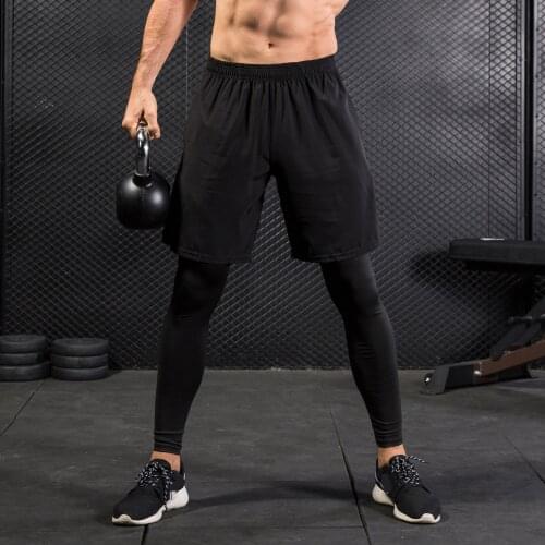 Men Pro Shaper Compression Tight Fake 2-Piece Pants Quick-dry Wicking Sport Fitness Bottom Trousers with Fifth Shorts Sweatpants