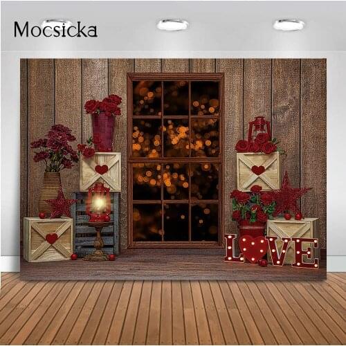 Valentines Day Love Window Backdrop Newborn Birthday Baby Shower Rose Flowers Glitter Bokeh Wooden Board Photo Background Prop