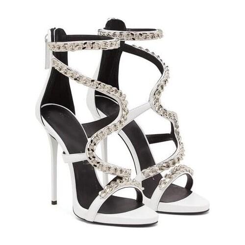 Dipsloot Woman Black Red White Zipper Back High Heel Sandals S Shape Sliver Chains Cover Heel Sexy Party Sandals Shoes