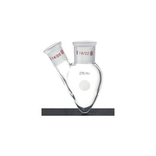 Flask, Two neck, Pear shape, Capacity:25ml, Center Joint:19/22, Side joint:19/22