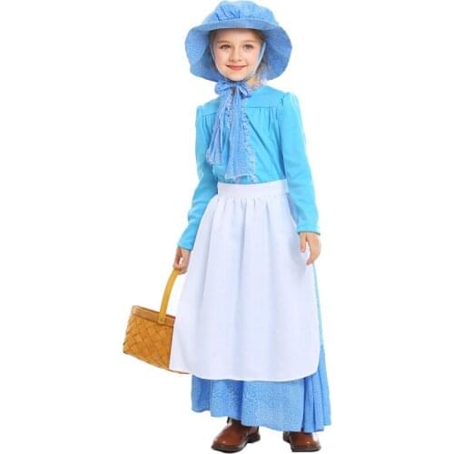 Halloween blue soft skin-friendly childrens skirt pioneer girl dress colonial pioneer girl costume