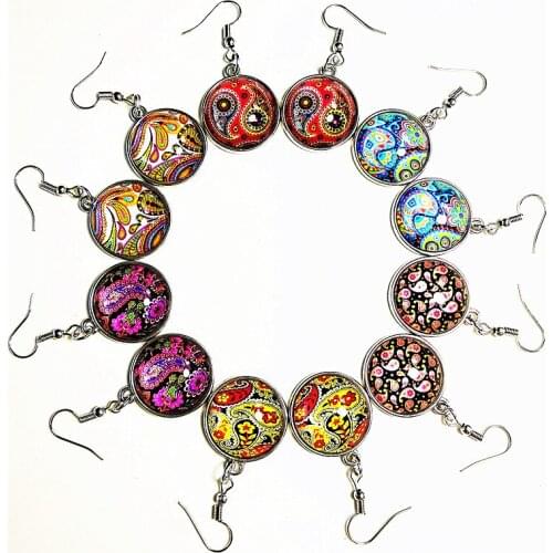 Jiangzimei 24pairs/lot Mandala Bandan flowers Paisley Glass earrings; earring; ear pendants; dangler for women best gift