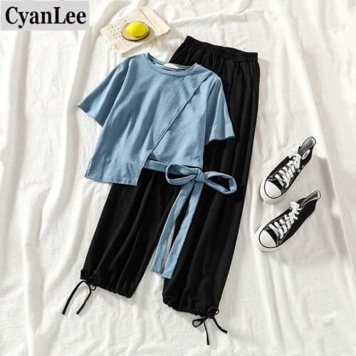 Cyanlee 2 Piece Outfits For Women New Arrival Irregular Chiffon Tops+ Loose Black Pants 2 Piece Girl Set Korean Stunents Clothes