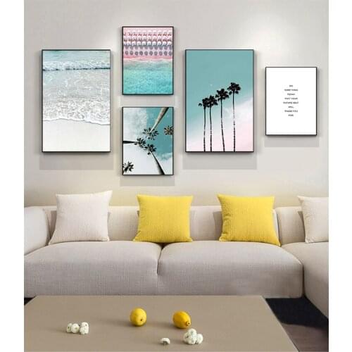 Posters And Prints Wall Pictures For Living Room Decor Coconut Palm Tree Pink Beach Sea Umbrella Wall Art Canvas Painting Nordic