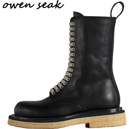 Owen Seak Women Motorcycle Leather Boots High-TOP Luxury Mid-Calf Winter Riding Boots Lace Up Casual Brand Zip Flats Black Shoes