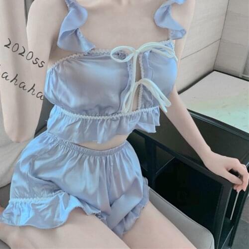 Court Style Spaghetti Strap Tops Pajamas 2PCS Set Cute Sweet Women Sleepwear Lingerie Satin Lace V-Neck Camisole Shorts Set
