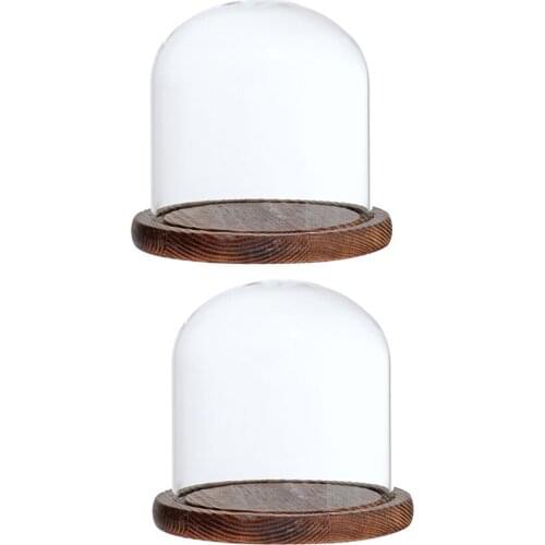 2Pcs 12x12cm Clear Glass Dome with Wooden Base for Home Wedding Party Centerpiece Display Stand DIY Decor Brown