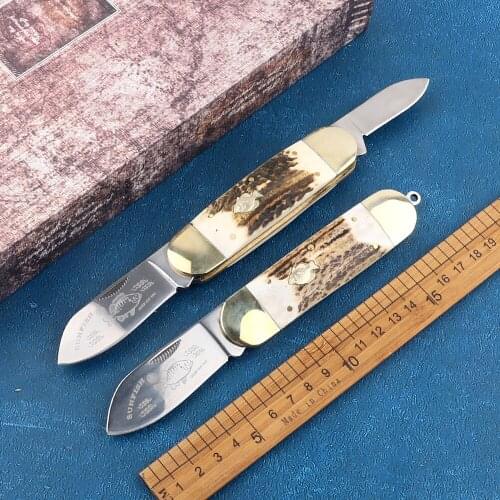 Folding small flounder multi-function 4116 blade brass antlers handle outdoor camping hunting fishing EDC fruit utility knife