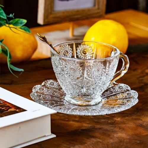 Glass coffee cup with spoon and saucer tea cup milkshake cup home leisure afternoon tea snack dish