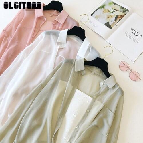 2020 Spring Summer Women Korean Loose Shirt Solid Sunproof Soft Chiffon Shirt Slim Candy Color Lady Outwear Tops
