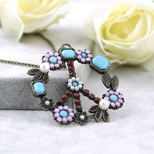 Women Vintage Flower Peace Sign Pendant Long Chain Sweater Necklace Jewelry