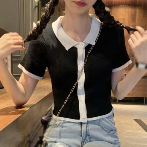 Women Casual Short-Sleeved Knitting Open T-shirt Summer Solid Color Matching Tee Short Shirt Tops