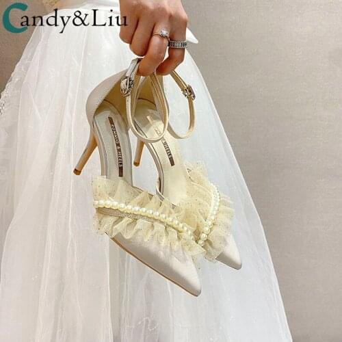 Women Sandals High-heeled Womens Summer 2021 New Temperamental Pearl Lace Pearls Flower Temperament Casual Pumps US 10 size