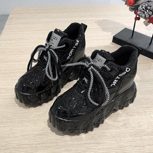 2021 New Women Chunky Sneakers Designer Dad Shoes Platform Shining Black Red Ladies Ulzzang Fashion Leather Casual Shoe Woman