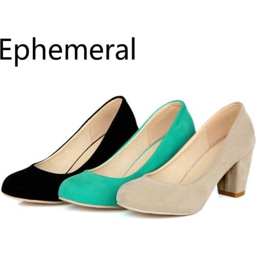 Lady Nubuck Leather Pumps Square Heel Round Toe Wide Fits Plus Size Shoes 47-34 46 Green Beige Black OL High Heels Shoes Elegant