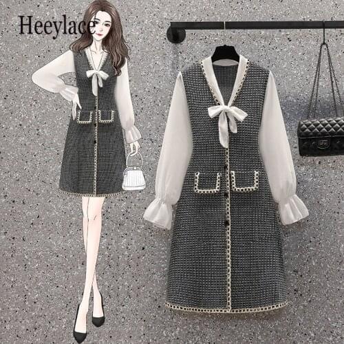 Plus Size Dress Fall Vintage Plaid Dress Women Chiffon Long Sleeve Tweed Patchwork Bow V Neck Elegant Dresses Ladies Clothing